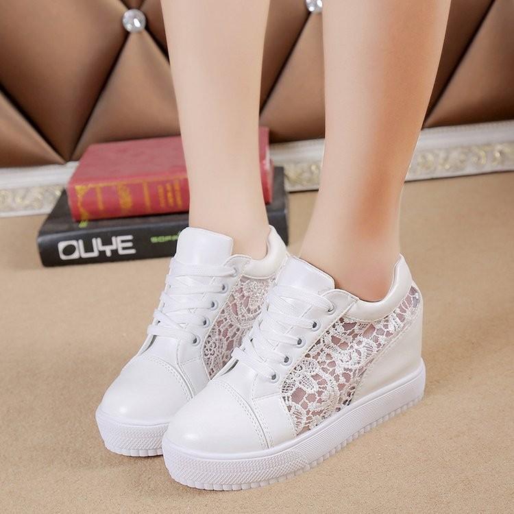 

Indoor Height Increasing Sports Shoes For Women, Thick Soled Perforated Breathable Lace Shoes For Women 35 белый