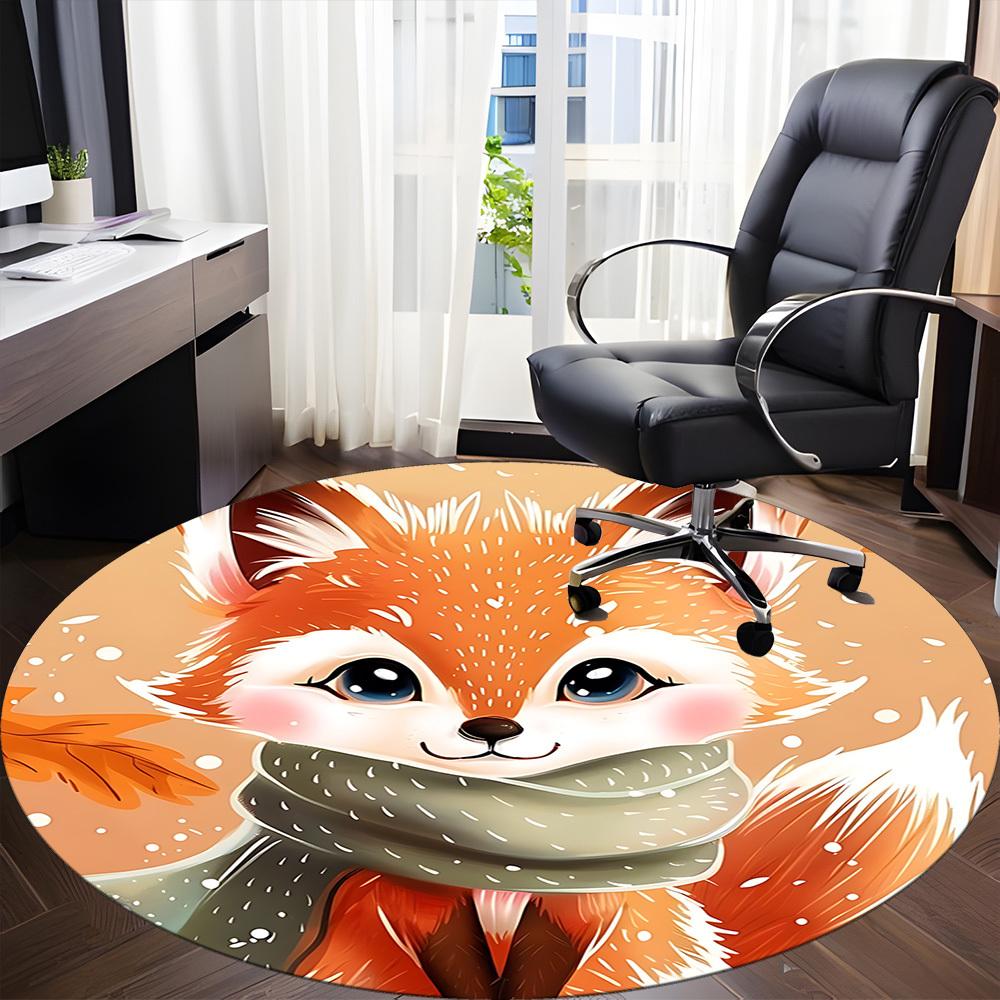 1pc Winter Fox Office Round Area Rug, Indoor Mat Suitable ForOffice, Under Office Chairs Bedroom Living Room Home Decor, Room Deco D079