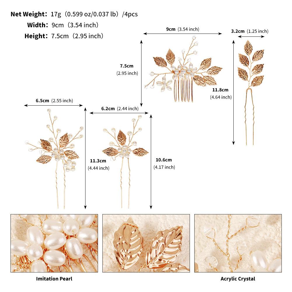 Bridal Gold Leaf Pearl Hair Comb Set Wedding Dress Updo Hairpins Elegant Bridal Headpiece Accessories For Bride