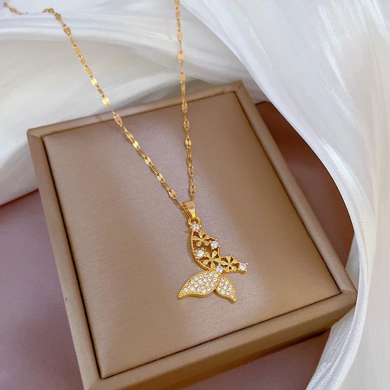 Luxurious Butterfly Necklace: Zirconia-Encrusted Titanium Steel with Gold-Plated Copper Pendant, Light Luxury Design