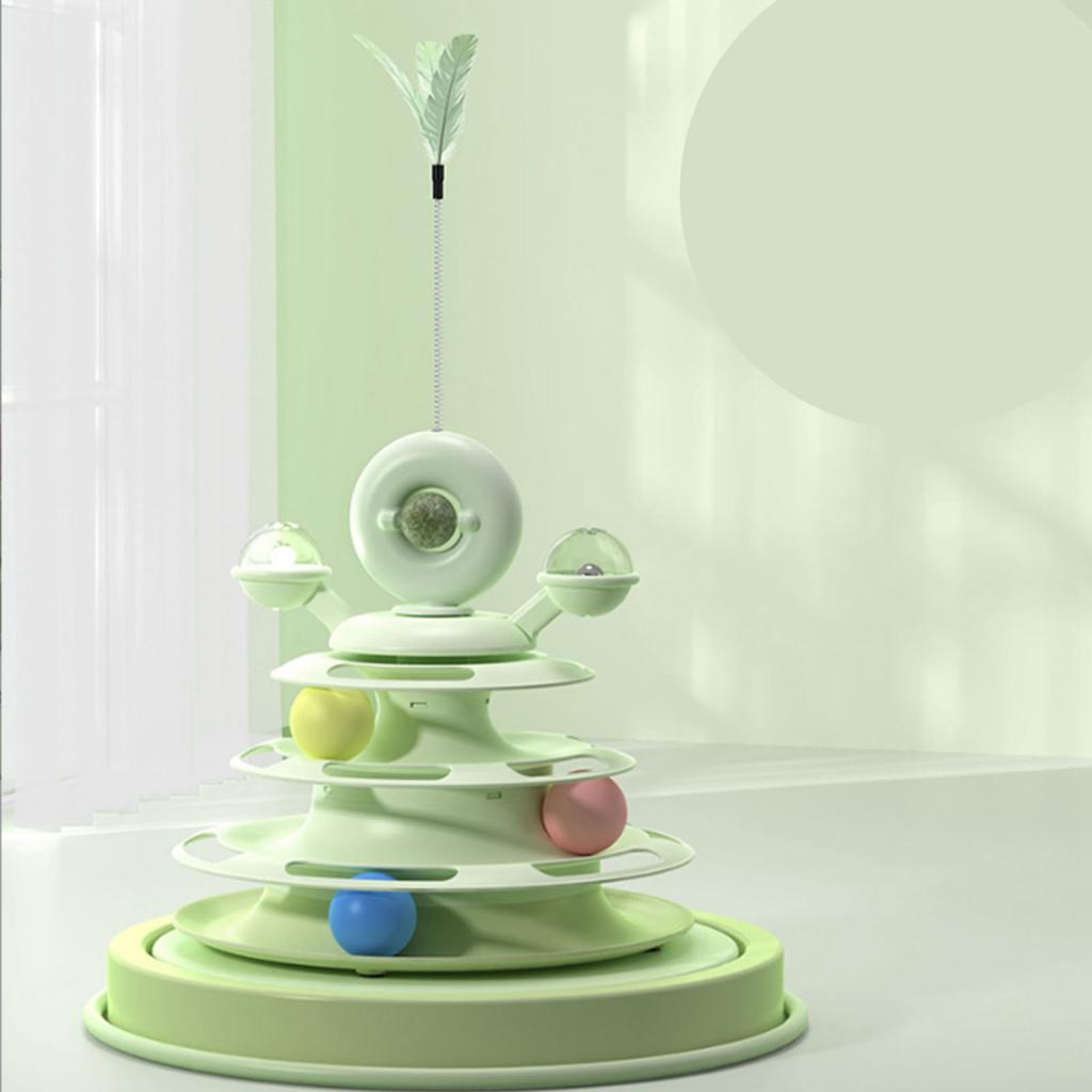 Cat Ball Tower Toy with Feather Catnip 4 Layer Rail Pet Turntable Game for Exercise Purple