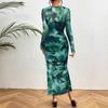 European and American Women's Clothing Suspender Bottom Skirt Long Sleeve Sexy Printing Semi-perspective Mesh Dress Two-piece Set