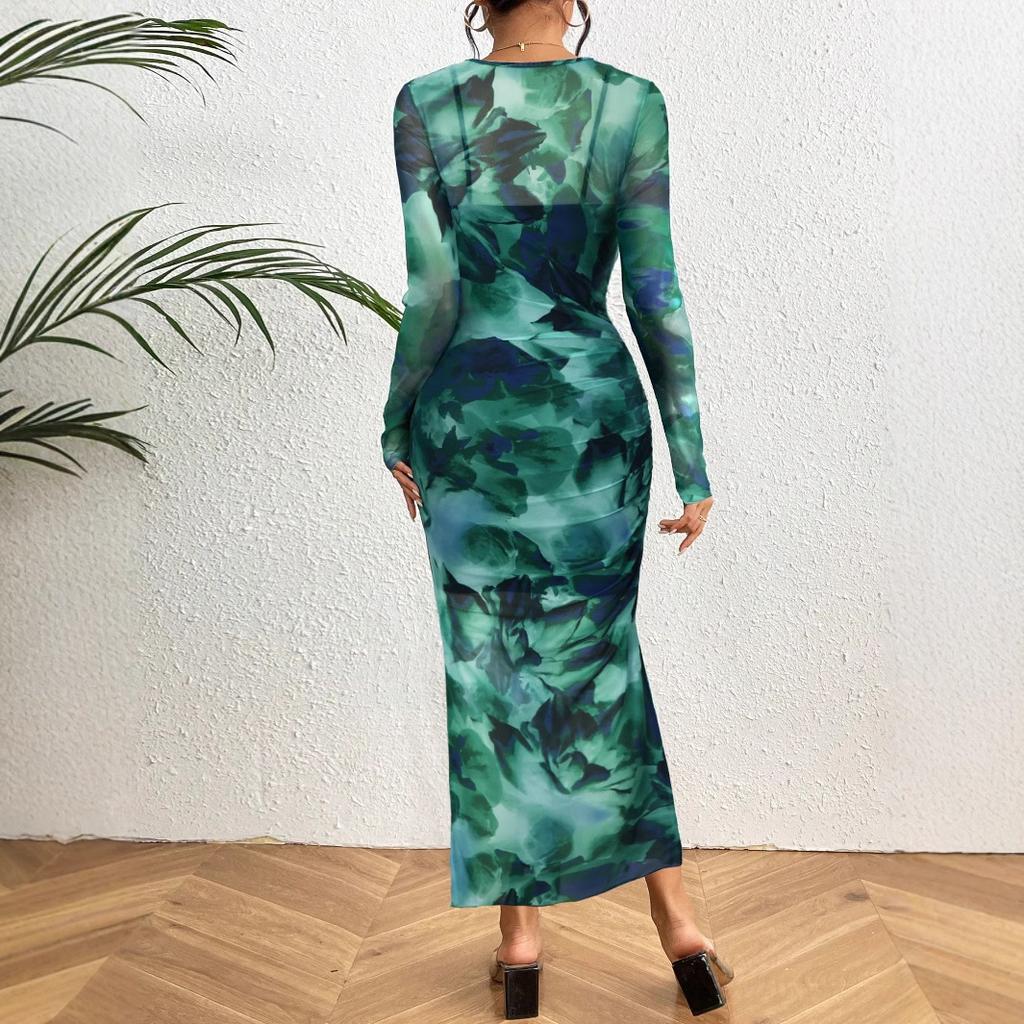 European and American Women's Clothing Suspender Bottom Skirt Long Sleeve Sexy Printing Semi-perspective Mesh Dress Two-piece Set