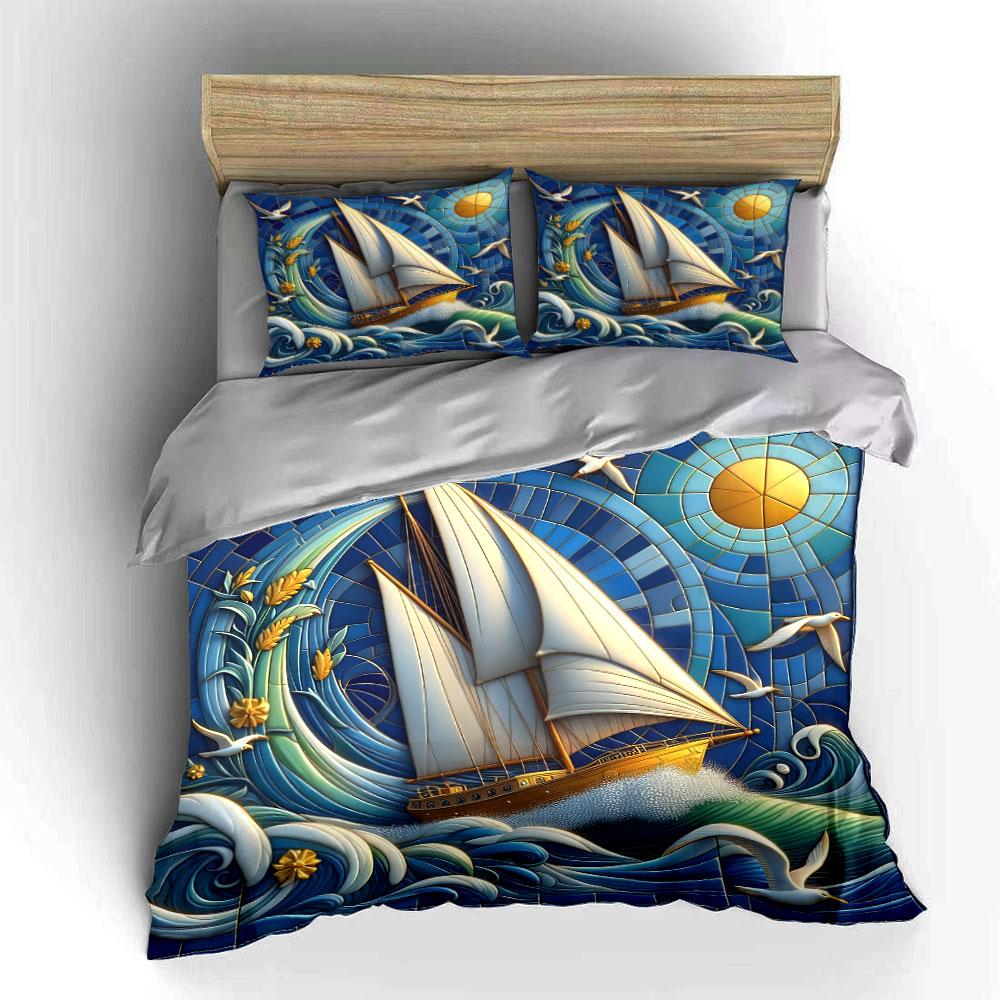 """Segelkunst Ozean Dekorationsset"" Weiches hautfreundliches Bettwäscheset Enthält 1 Bettbezug Und 2 Kissenbezüge Geschenk"""