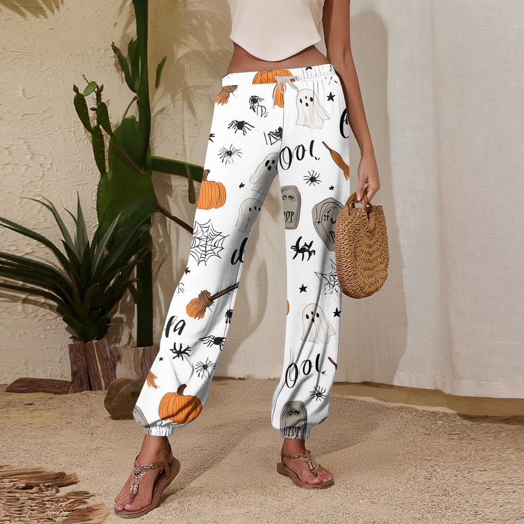 Women's Halloween Print Joggers with Drawstring Elastic Waistband and Cuffed Hem for Casual Everyday