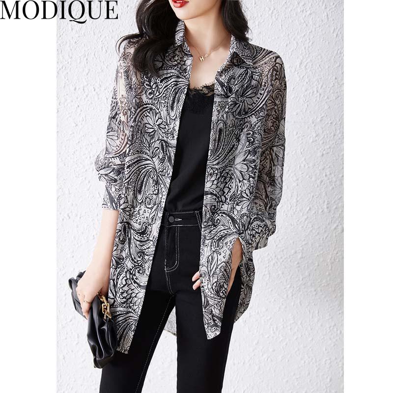 

MODIQUE 2023 Лето больших размеров Женщины Хлопчатобумажные льняные расписные блузки Рубашки Винтажные летние пальто с принтом Леопардовая уличная одежда оверсайз с полным рукавом