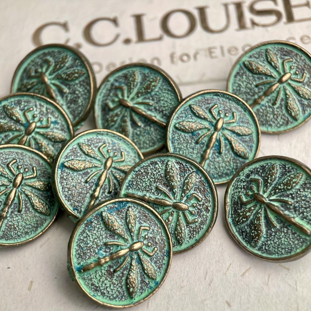 10pcs 17mm Vintage Metal Shank Buttons, Dragonfly Engraving with Green Patina, DIY Jewelry Accessories Flower Button Clothing Accessories