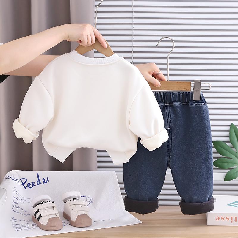 Boys' long sleeved two-piece set, 0-5-year-old children's printed fleece hoodie+casual denim pants set