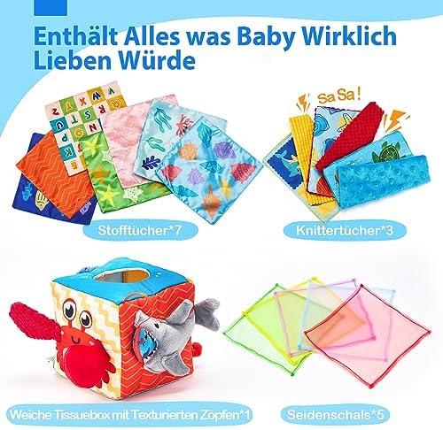 Hahaland Baby Toys 6-12 Months Montessori Sensory Tissue Box, Colorful Fabric Tabs Sensory Motor Skills Learning Toy for Boys Girls Gifts