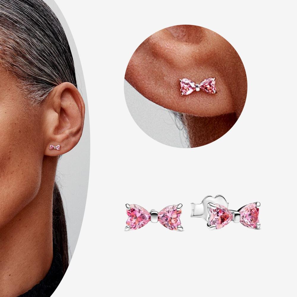 Authentic 925 Silver Cherry Blossom Bow Heart Hoop Stud Drop Earrings plata de ley Jewelry DIY Birthday Gift Original