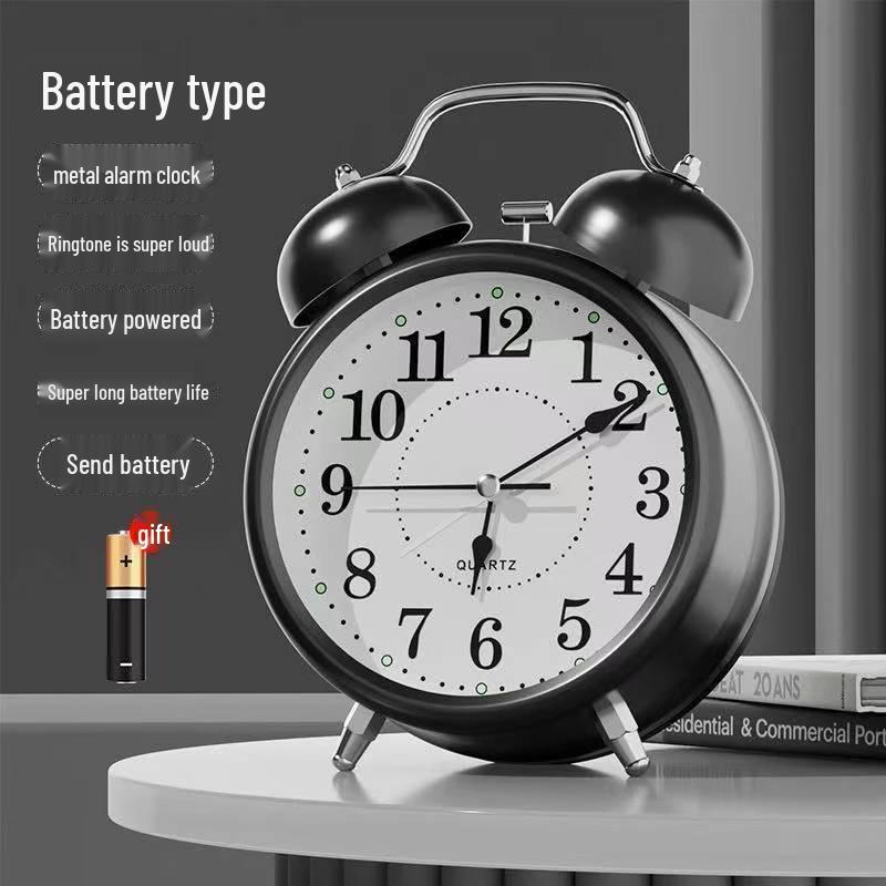 Rechargeable Metal Bell Alarm Clock with Night Light - Super Loud Wake-Up Device for Bedsides, Ideal for Students and Elderly Rooms.