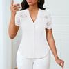 Women Tops V-Neck Short Sleeve Hollow Lace Splicing Design Shirt Tops Pure Color Slim