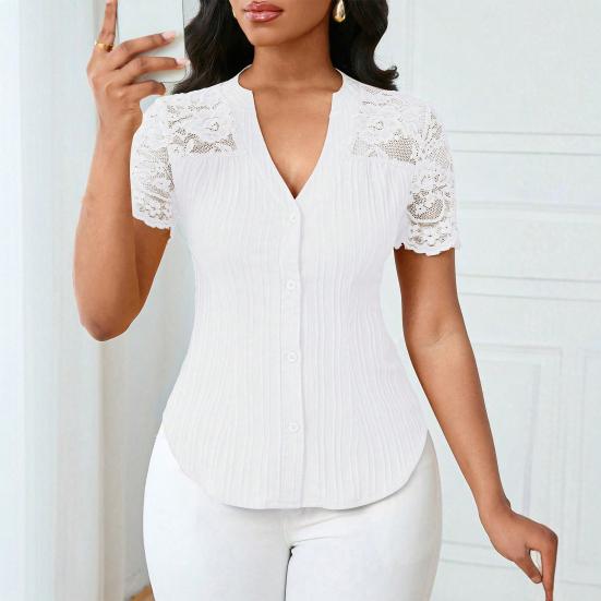Women Tops V-Neck Short Sleeve Hollow Lace Splicing Design Shirt Tops Pure Color Slim
