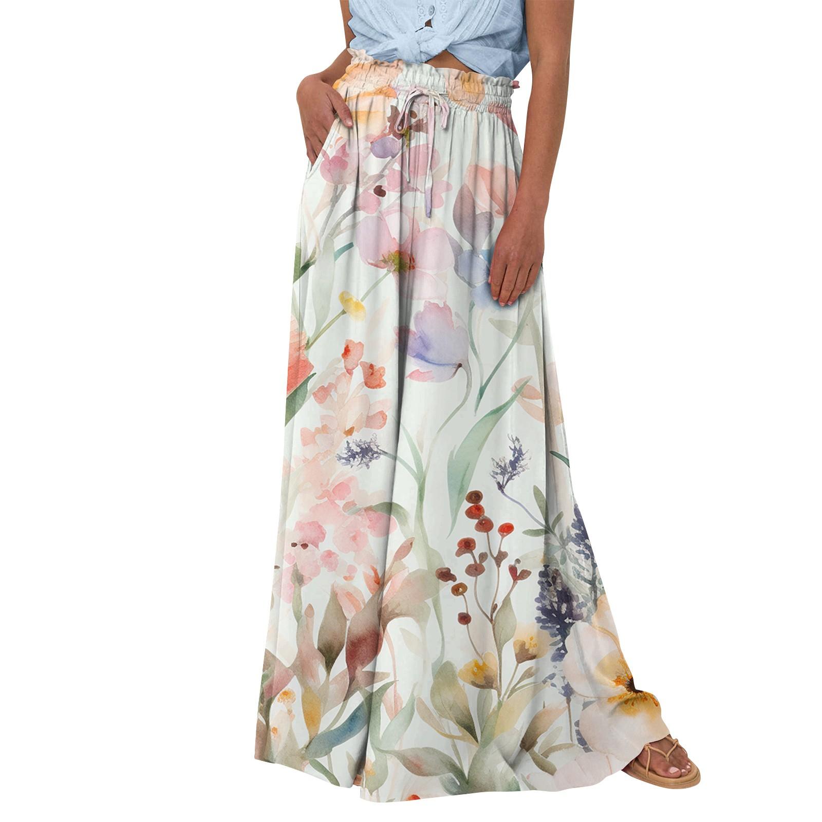 

Женские широкие брюки с высокой талией, летние повседневные струящиеся брюки-палаццо, пляжные брюки с цветочным принтом и карманом XL жёлтый