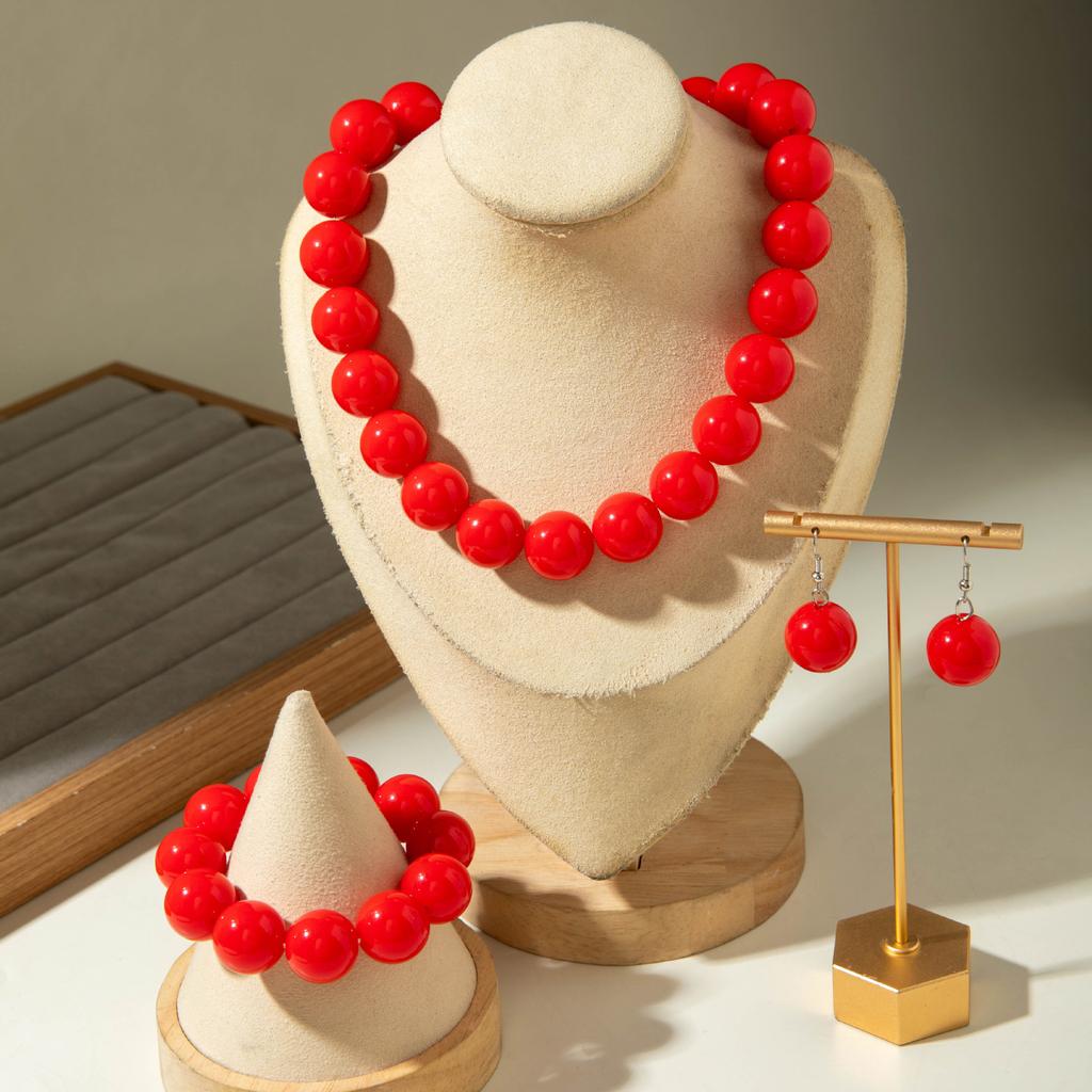 Exaggerated Color Large Round Bead Bracelet And Necklace Set, Beaded Jewelry