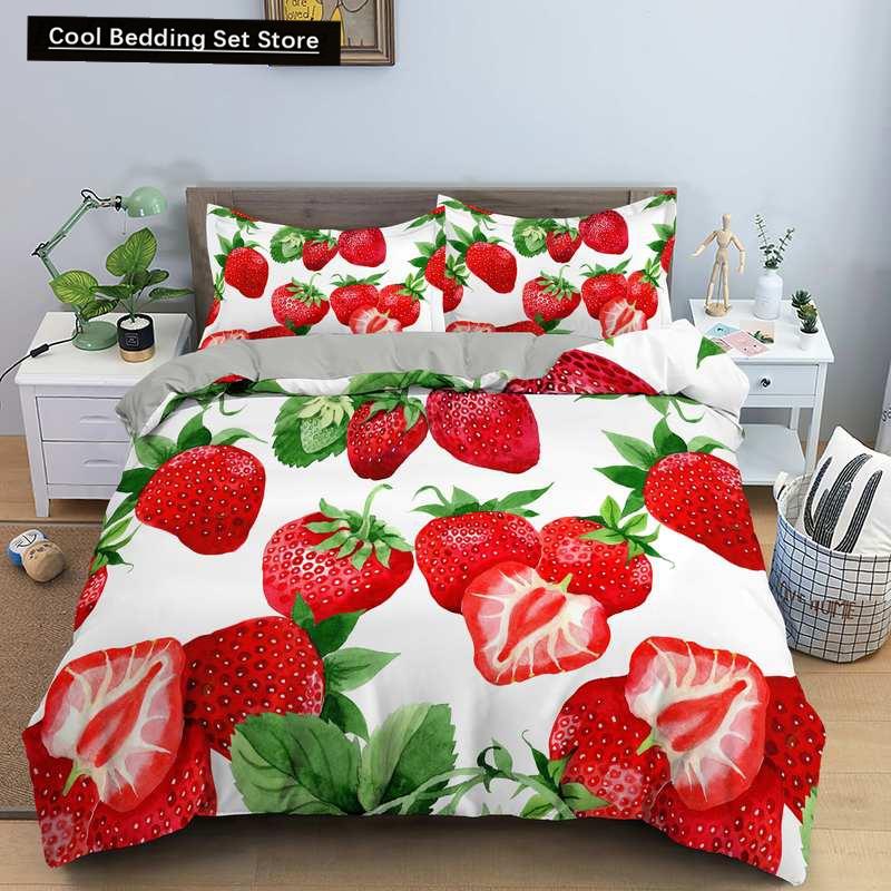 Red Strawberry Cute Bedding Set 3D Pink Lovely Summer Fruit Duvet Cover King Queen For Kids Girls 2/3Pcs Polyester Quilt Cover