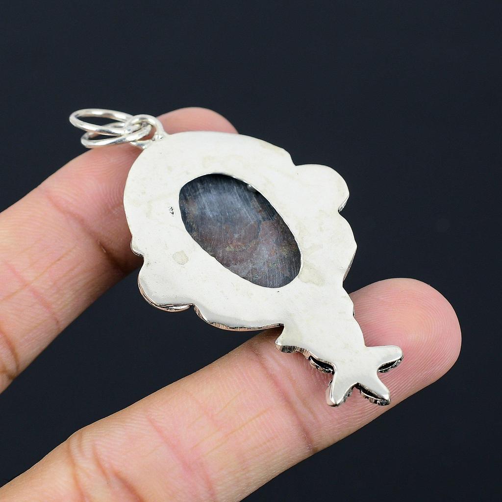 Friendship Day Deal 925 Silver Oval Gabbro Jasper Gemstone Flower Mother Pendant