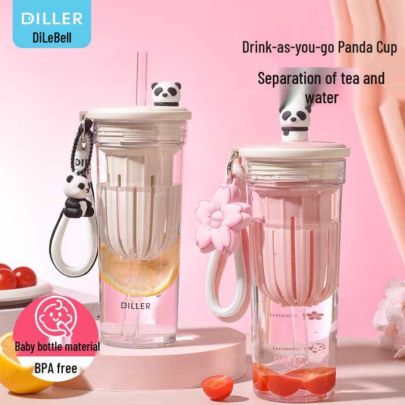 Diller Cherry Blossom Panda Straw Cup with Tea Compartment