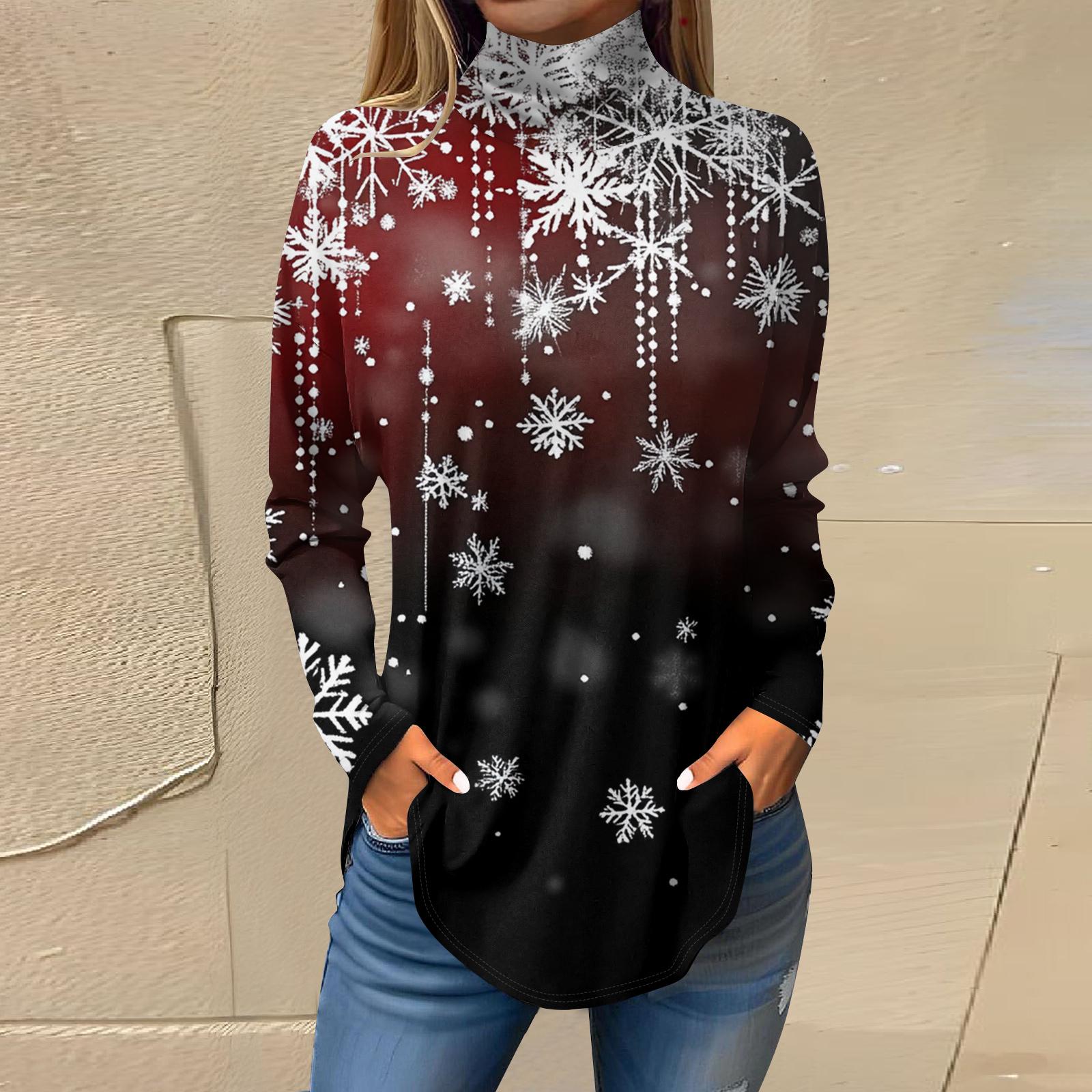 

Женская модная футболка свободного кроя с высоким воротом и рождественским принтом, топ с длинным рукавом XL винный