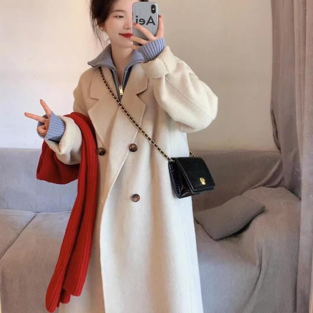 Dámský zimní kabát High End Minimalistický středně dlouhý vlněný kabát Vintage Temperament zateplená bunda