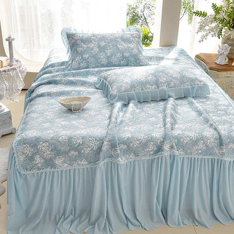 Princess Style Cooling Bed Skirt Set with Ruffled Lace Bedspread - Ice Silk Bean Mat for Summer