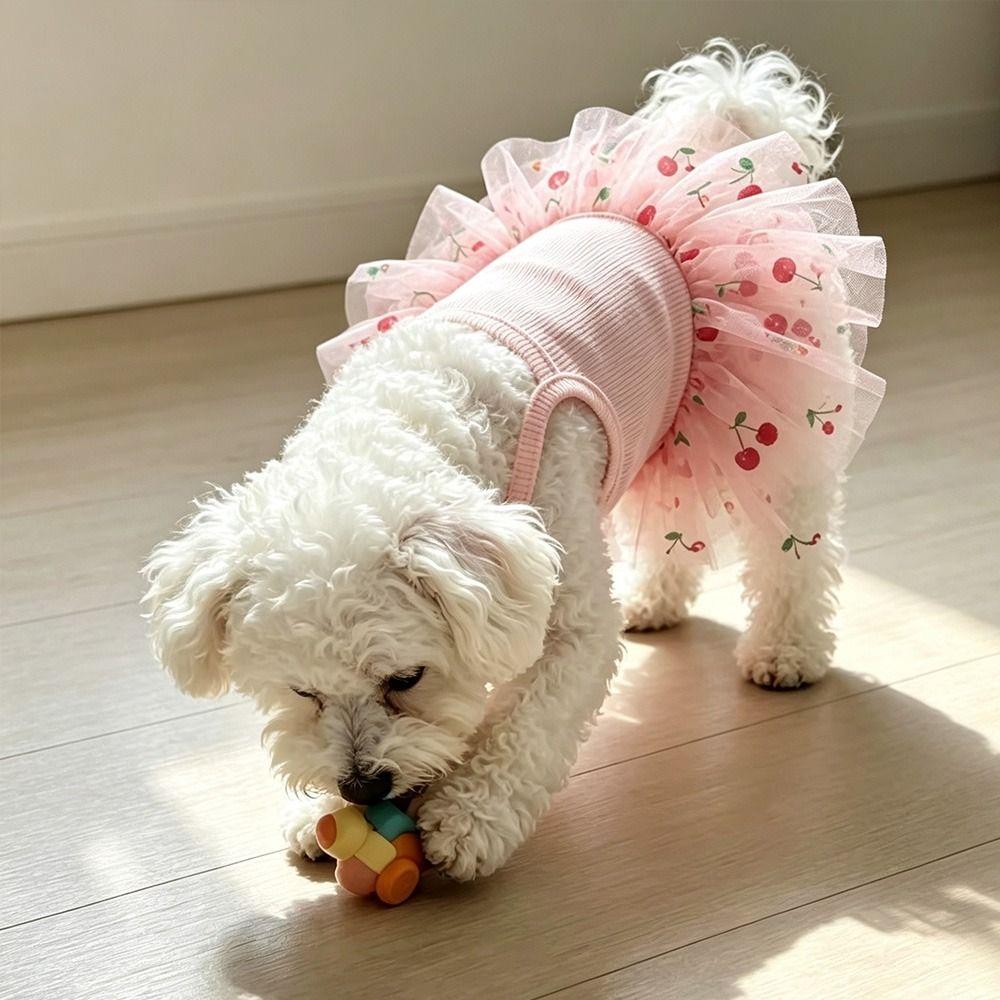 Lace Puppy Skirt Dress Cherry Print Pet Suspender Dress Cute Pet Dog Dress Puppies and Cats