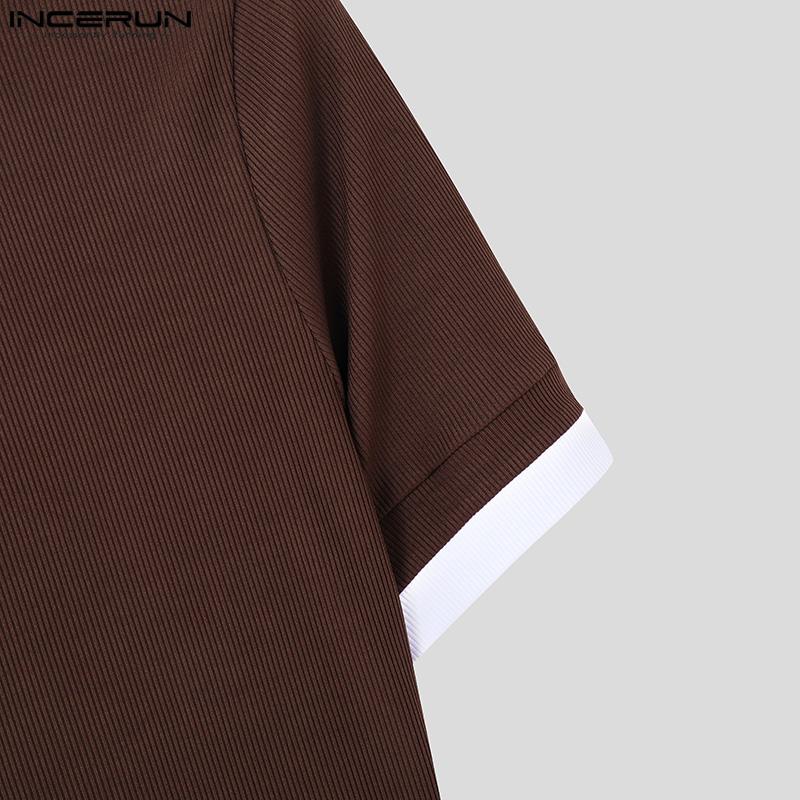 INCERUN Summer Men O Neck Short Sleeve Stitching Rib Skinny Tops T-shirts