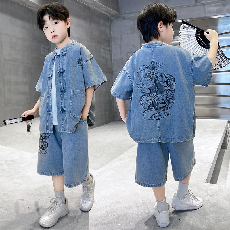 Boys' Summer Denim Set 2026 New Mid To Large Children's Summer Boys' Thin Short Sleeve Children's Loose Top Trendy