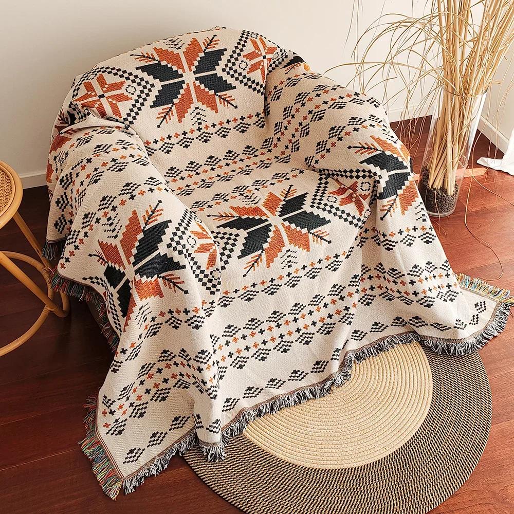 Aztec Blanket Oversized Boho Throw Blanket with Fringe, Southwestern Geometric Tapestry Vintage Woven Throw Blankets Double-Si