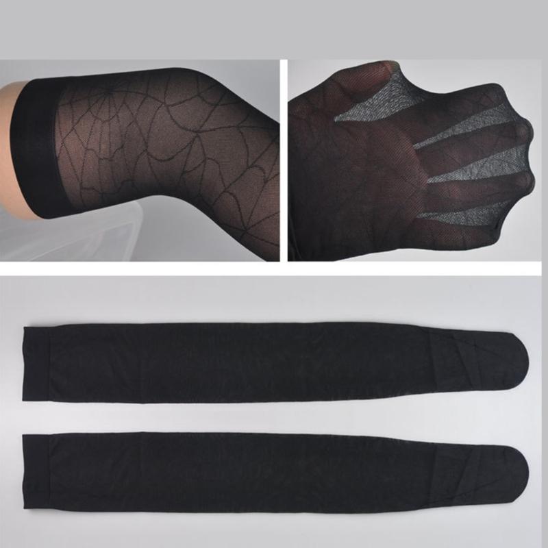 Women Gothic Hollowed Fishnet Pantyhose Tights Halloween Spider Web Jacquard Thigh High Stockings Cosplay Leggings