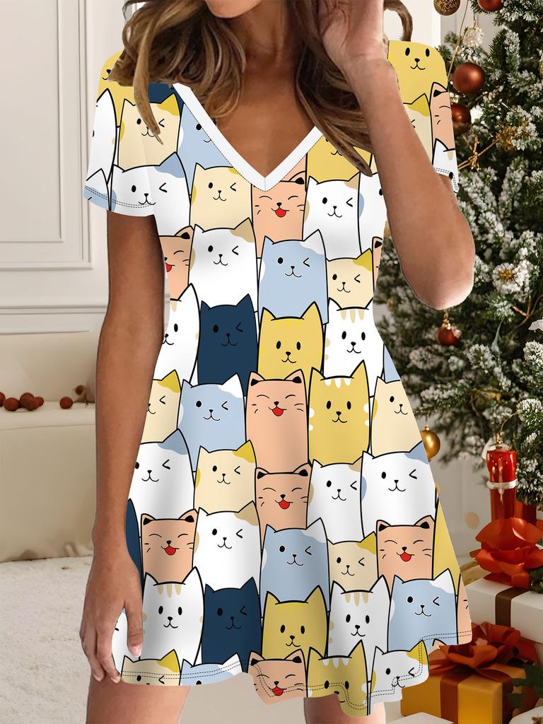 Mode Damen V-Ausschnitt Kurzarm Cartoon Katze Totem Bedrucktes Kleid Sex Kurzer Rock Kleider