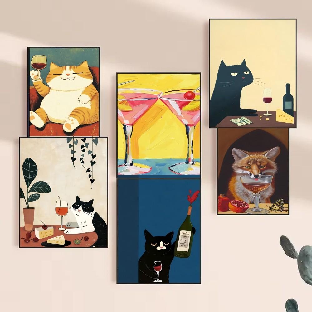 1ks Moderní Kočka Pije Víno Vtipné Zvíře Rostlina Plakát HD Plakáty Domácí Pokoj Bar Kavárna Dekorace Umění Nástěnná Malba Obrázek