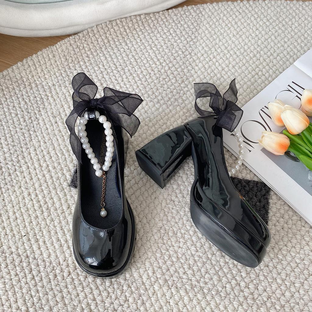 Retro pearl bow Mary Jane shoes women's 2025 spring and autumn new thick heel sweet high heels thick heel single shoes women
