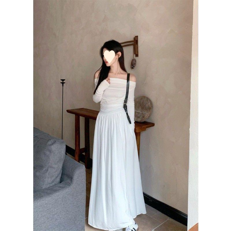 Temperament one-word collar long-sleeved dress for women's autumn new off-the-shoulder waist and thin A-word long dress