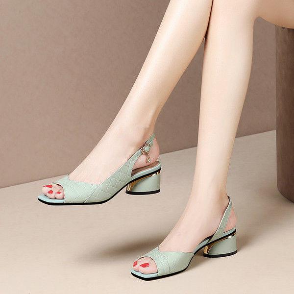

Fish mouth sandals women s summer new European and American fashion side empty one-word buckle belt thick heel women s shoes 40 світло-зелений колір