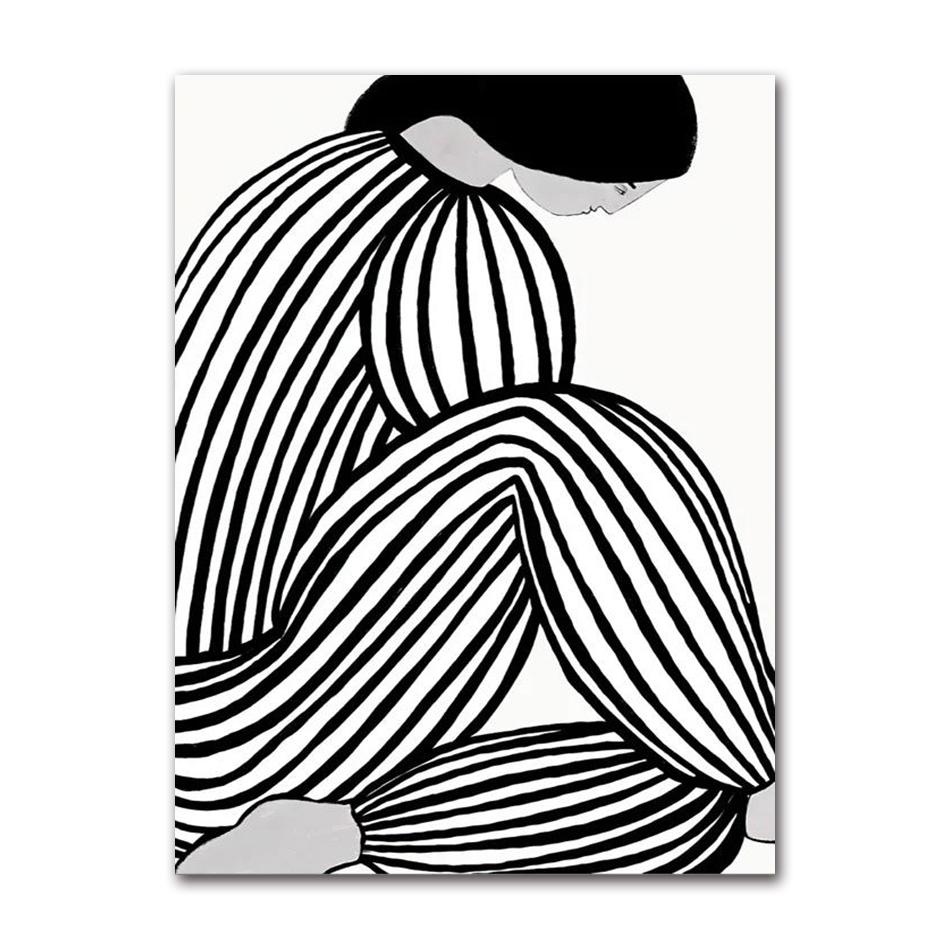 Scandinavian Minimalist Wall Art Black and White Abstract Woman Geometric Lines Poster Print Home Bedroom Living Room Decoration