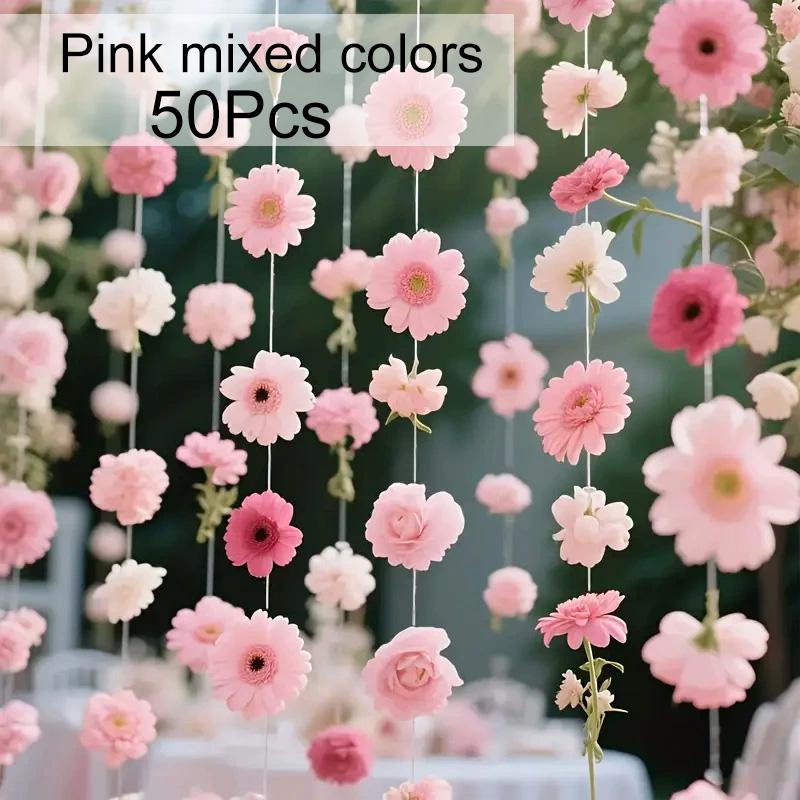 30/40/50Pcs Fishing Line Bohemian Style Artificial Flowers Floating Petals Water Falls Set Random Pink Flowers Pink DIY Pendants
