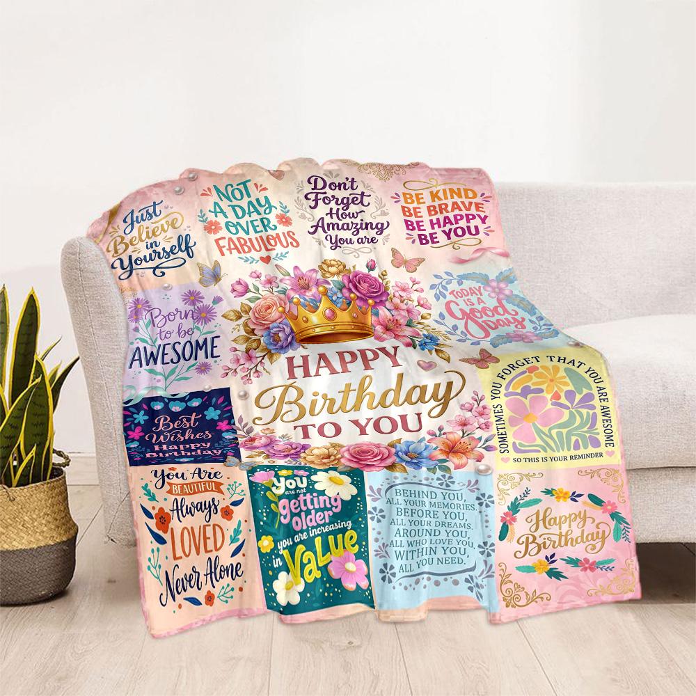 Floral Birthday Celebration Blanket Soft Warm Cozy Perfect for Livingroom Bed Bedding All-Season Use Playful Design Gifts For Family Or Friends