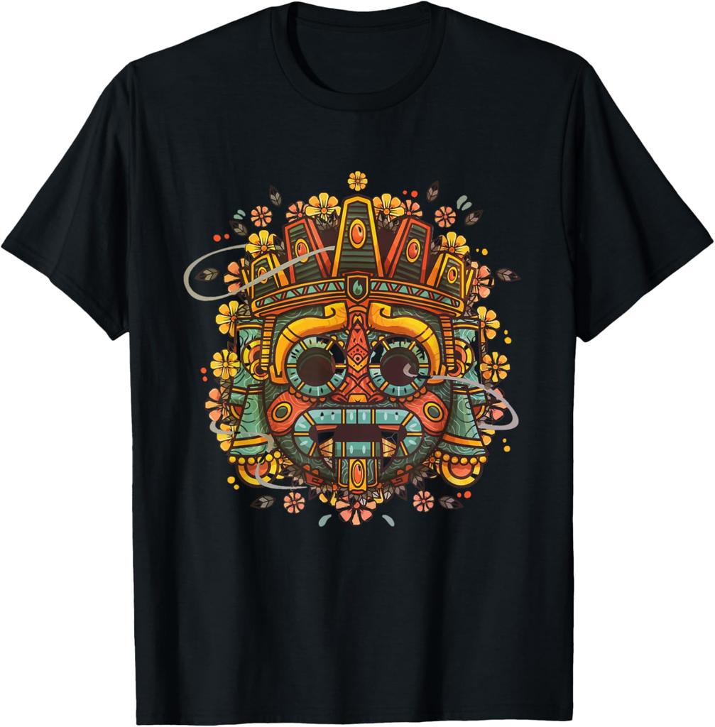 T-shirt Colorata Maschera Maya Azteca Uomo Casual Traspirante Grafica Maglietta Viaggio