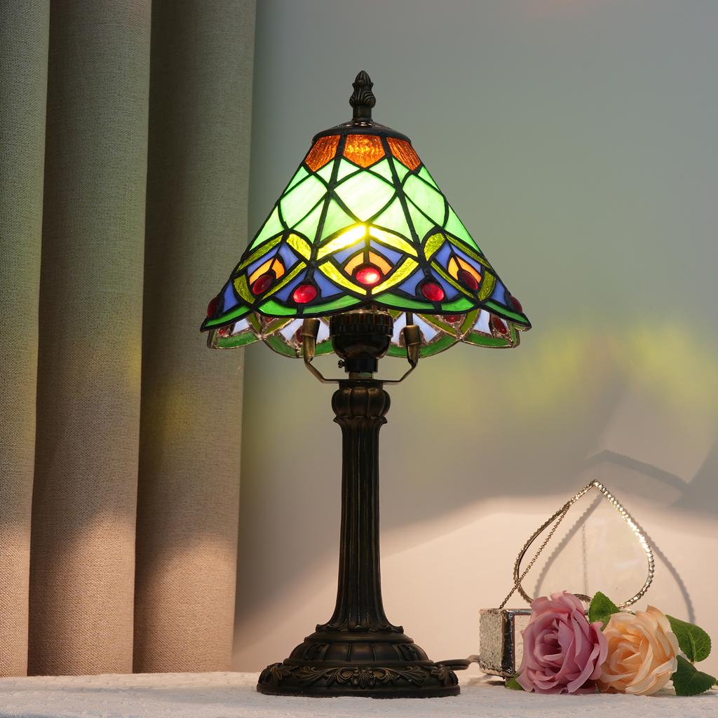 Table Lamp Green Peacock Tail Stained Glass Lamp Vintage Desk Light for Bedside Living Room Office Dormitory Dining Room