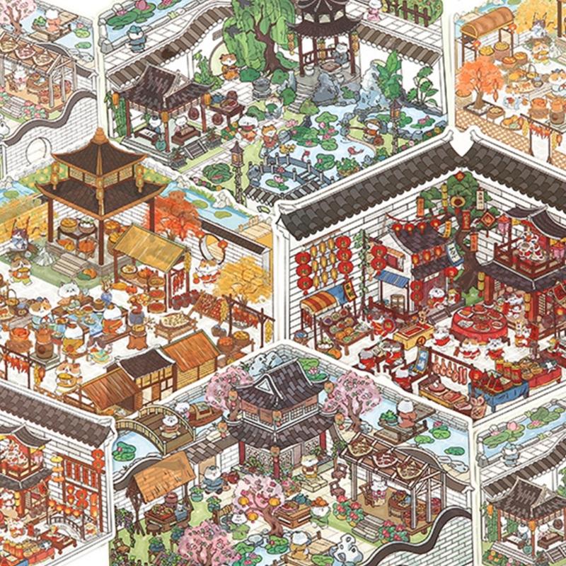 Retro Courtyard Decorative Sticker Chinese Style Landscape Sticker 3D Scene Sticker Journal Supplies Gift for Kid Child