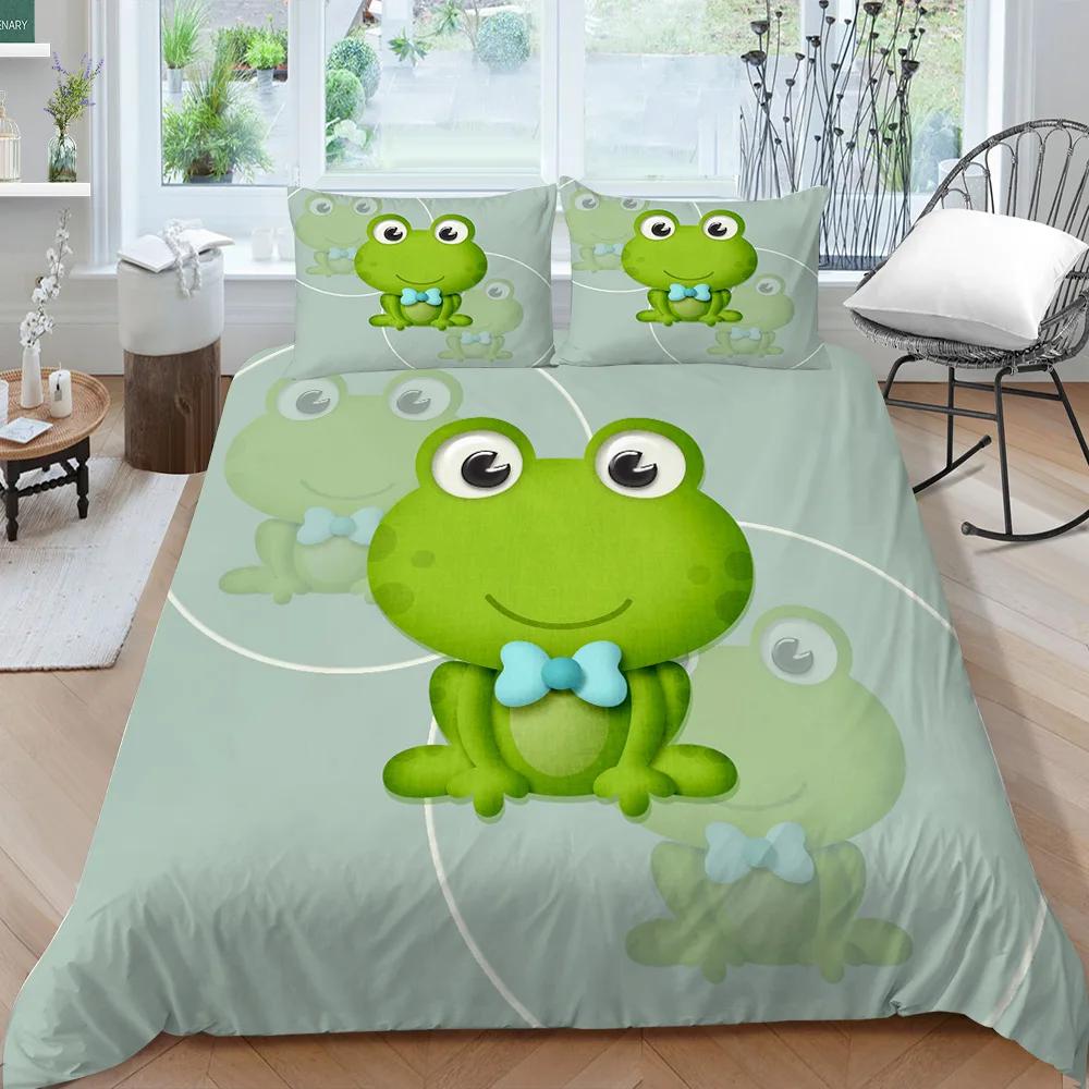 Cartoon Frog Duvet Cover Set King/Queen Size Reptile Animal Theme Bedding Set Cute Green Frog Polyester Comforter Cover for Kids