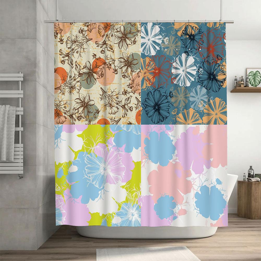 Colorful Shower Curtain Decorative Water Resistant Fabric Home Bathroom Window Decor 4 Panels Set Flower Print Modern Design Wat