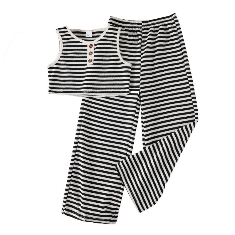 Girls' Casual Set 2025 Summer Children's Fashion Striped Sleeveless Vest Top and Trousers Two Pieces