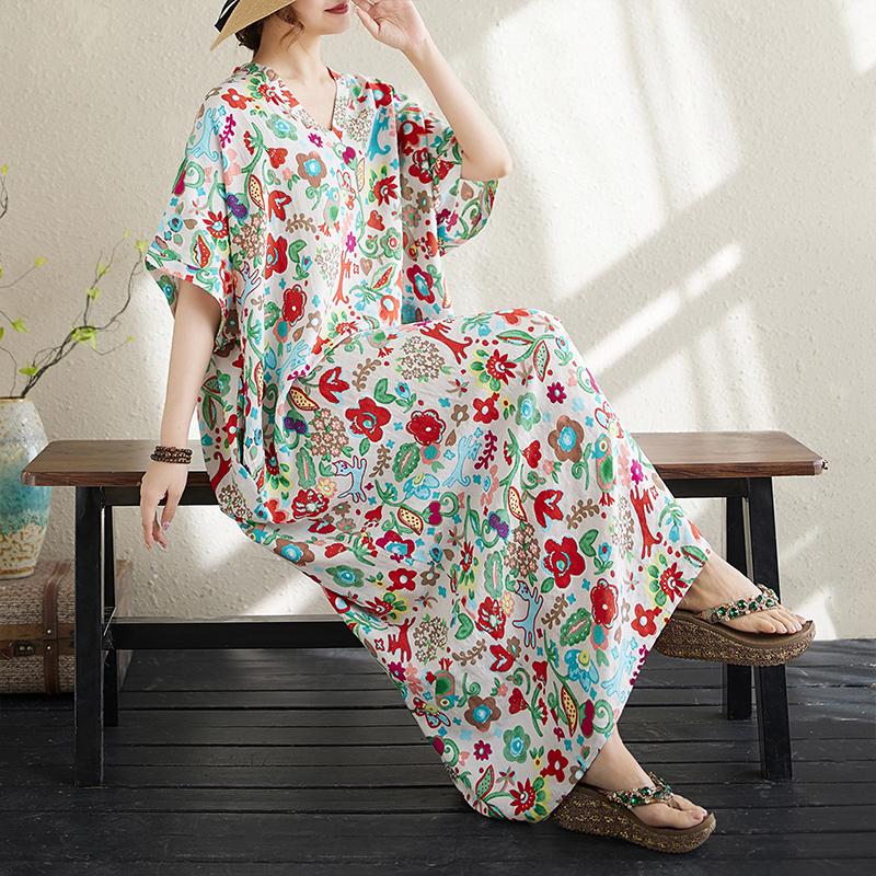DIMANAF Women 2025 Summer Plus Size Casual Dress Basic Loose Vintage Long Dress Maxi Floral Linen New