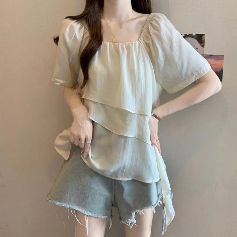 Womens Square Neck Chiffon Blouse Puff Sleeve Ruffle Hem Loose Top S