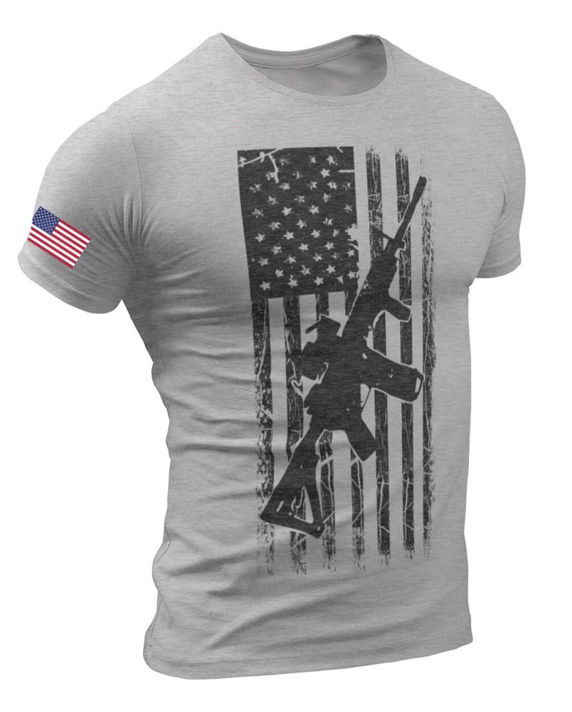 

Америка Флаг с оружием Мужская футболка Флаг винтовки США Воинский Милитари стиль 4XL