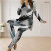 Women Plus Size Front Zip Long Sleeve Printed Longline Top Fitted Pants Two Piece Set