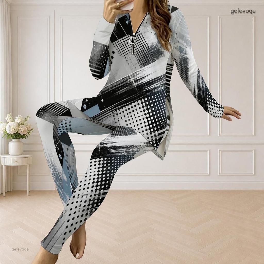 Women Plus Size Front Zip Long Sleeve Printed Longline Top Fitted Pants Two Piece Set