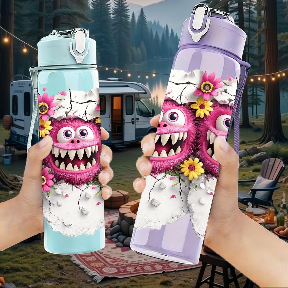 1PC Twin Monster Halloween Cartoon Print 750ml Color Plastic Sports Water Bottle Leakproof Flip Straw Lid Suitable for Sports Office Home Use
